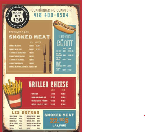 Menu, Casse-croûte Bar Laitier , Route 138/Confiserie Charlevoix