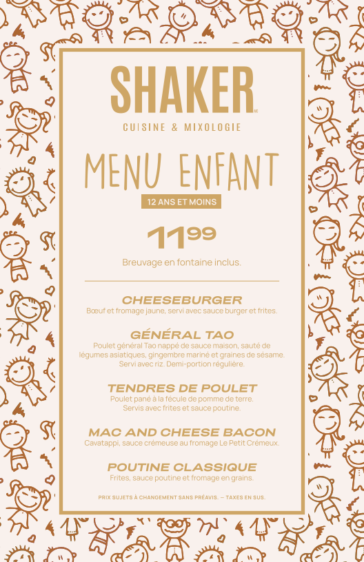 Menu, SHAKER Cuisine & Mixologie St-Hyacinthe