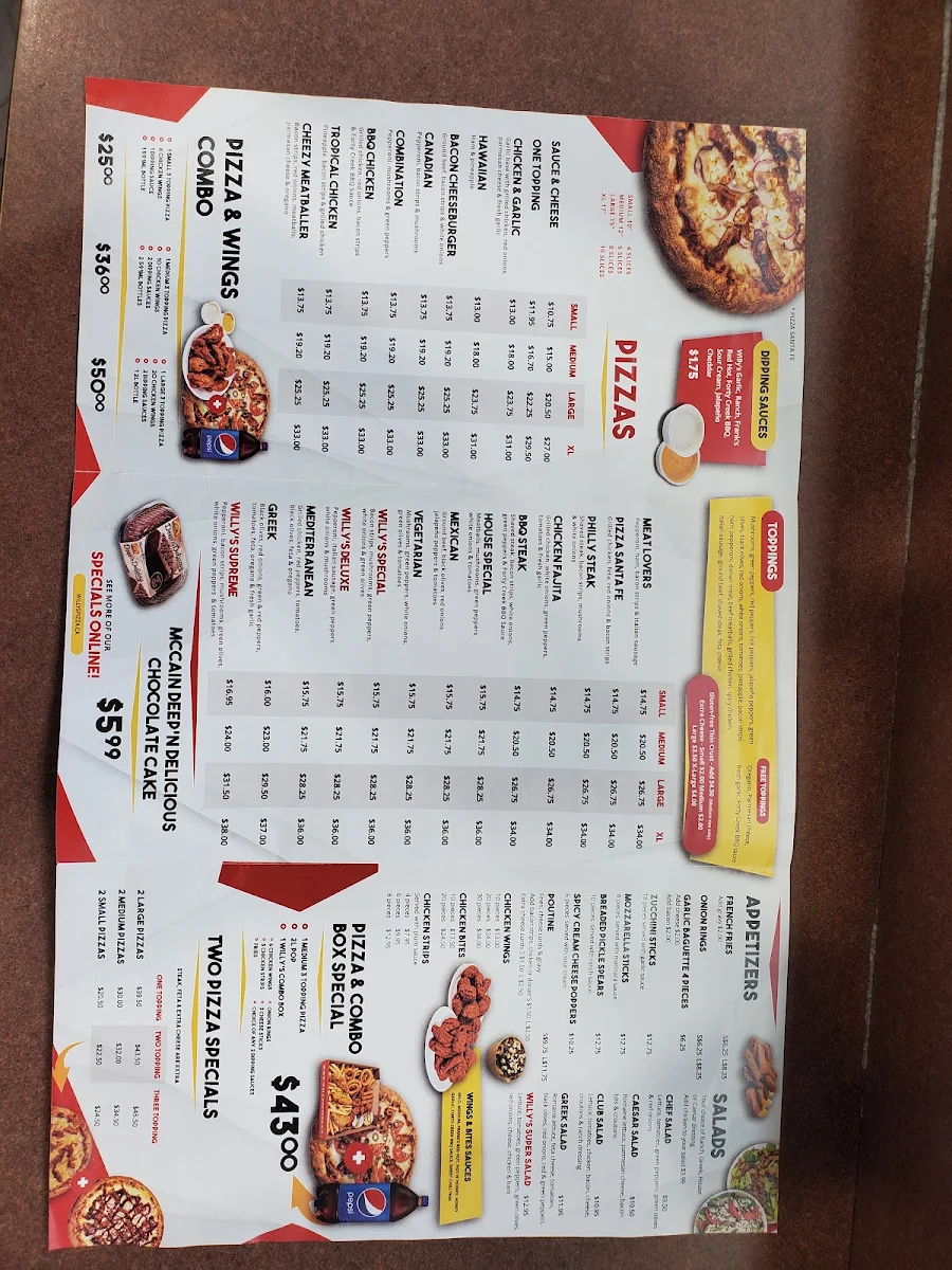 Menu, Willy's Pizza