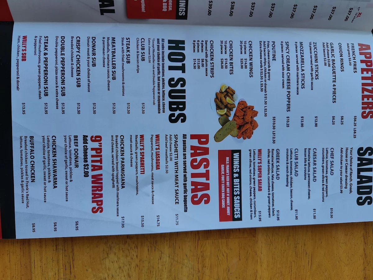 Menu, Willy's Pizza