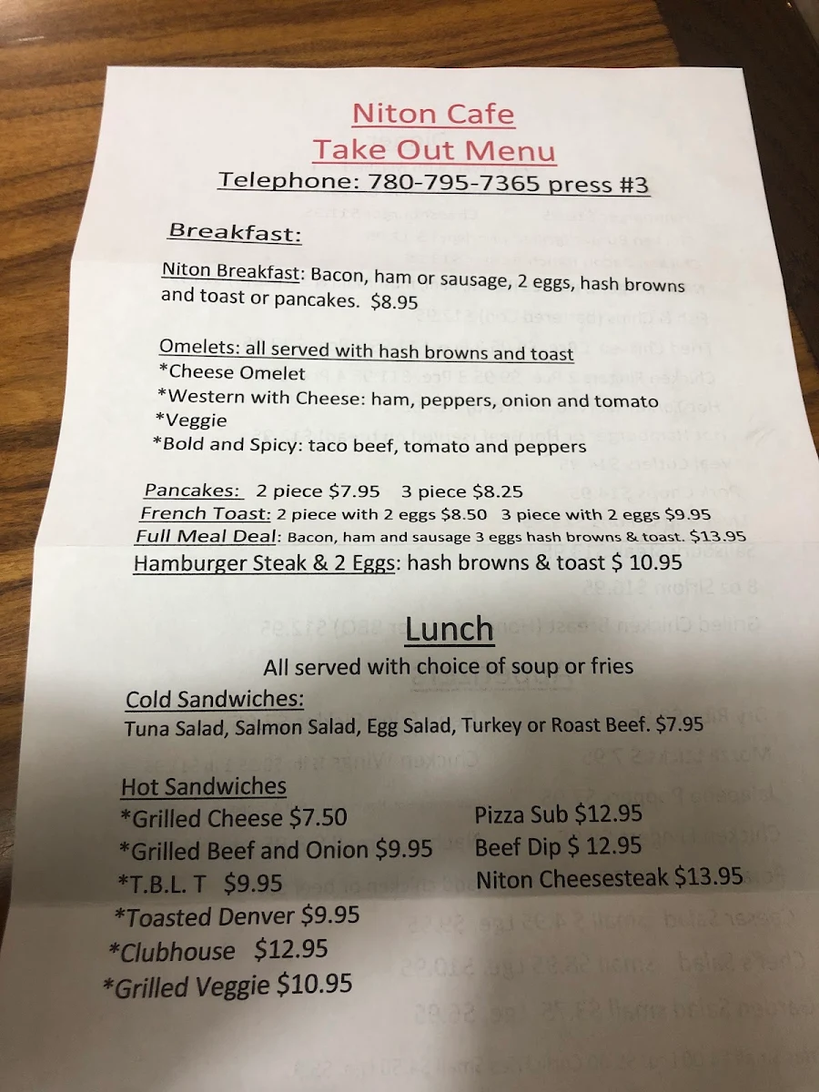 Menu, Niton Junction Hotel & Restaurant