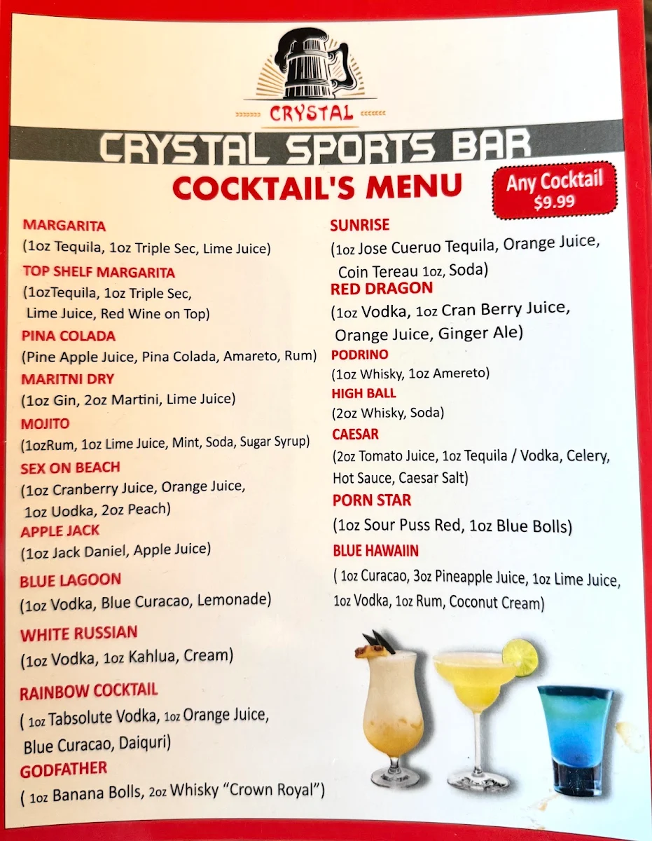 Menu, Crystal Sports Bar & Grill