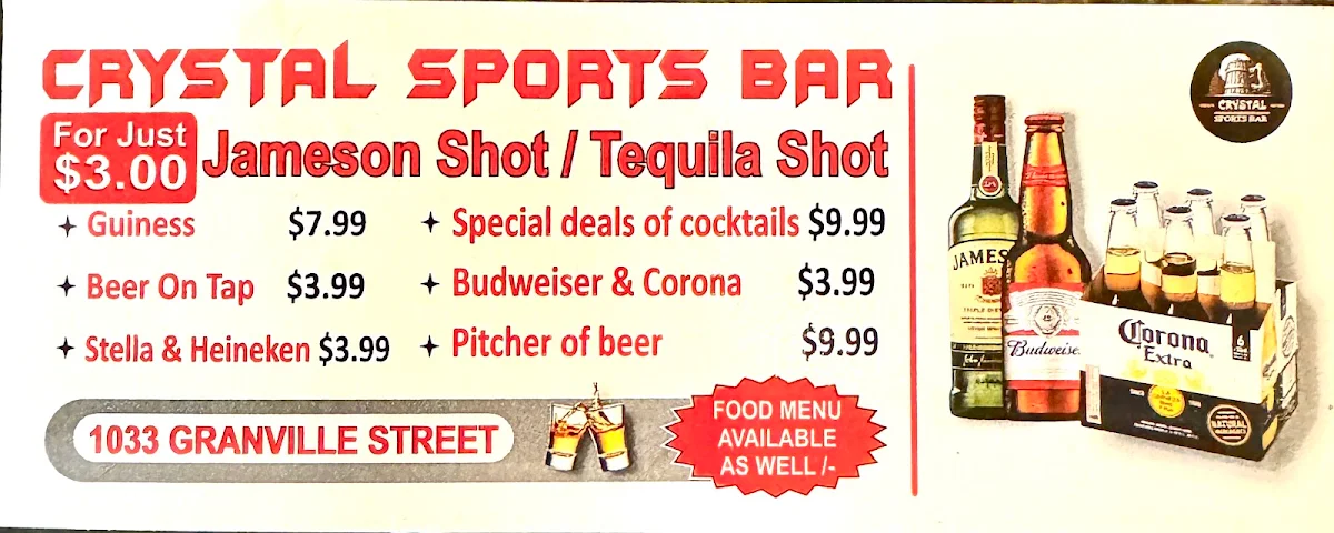 Menu, Crystal Sports Bar & Grill