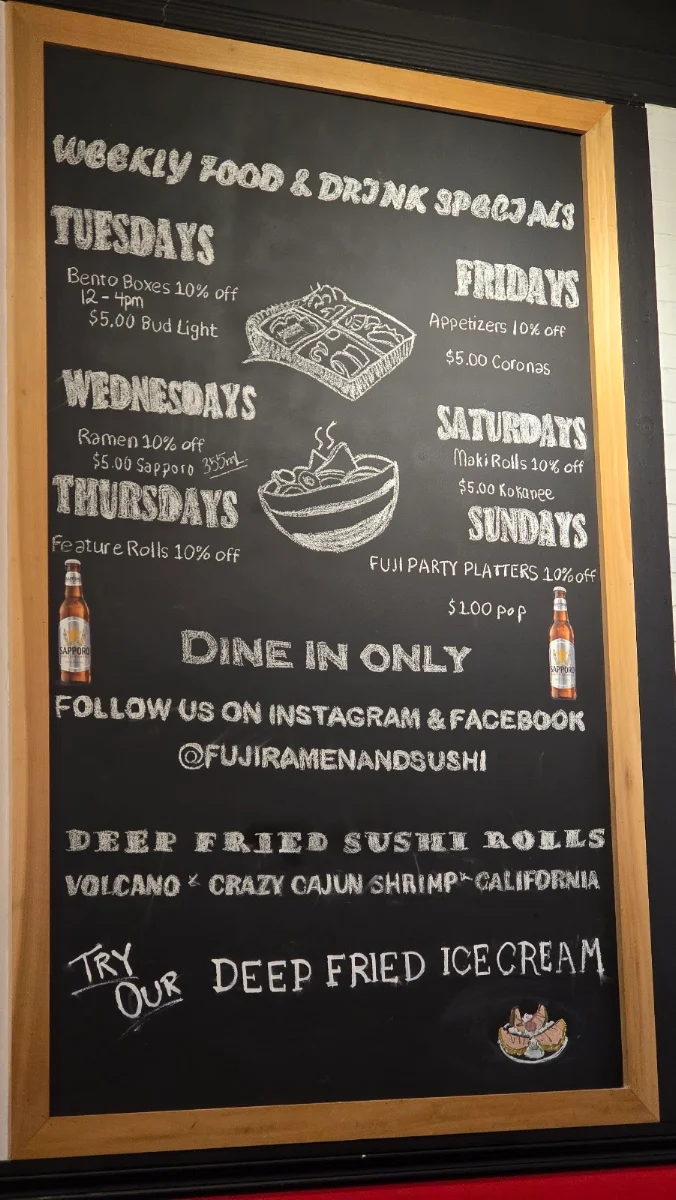 Menu, Fuji Ramen and Sushi