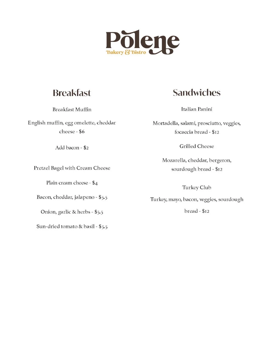 Menu, Polene Bakery & Bistro