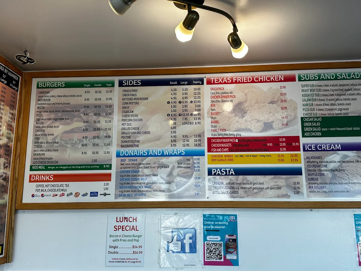Menu, Burger Baron Onoway