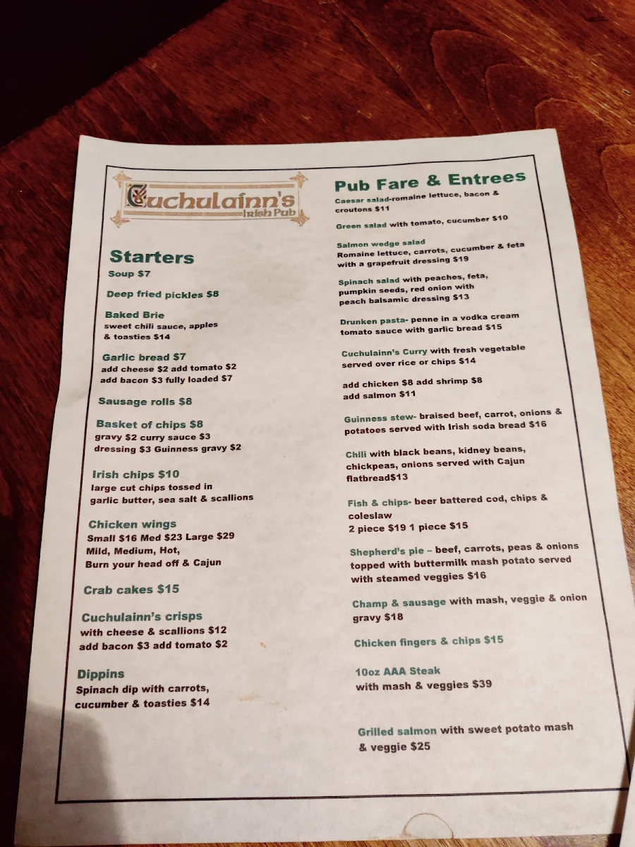 Menu, Cuchulainn's Irish Pub