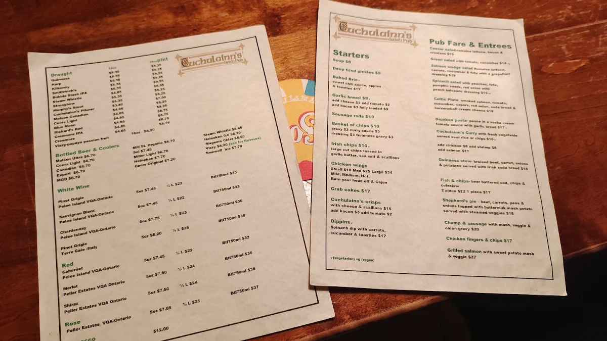 Menu, Cuchulainn's Irish Pub