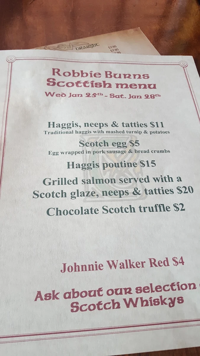 Menu, Cuchulainn's Irish Pub