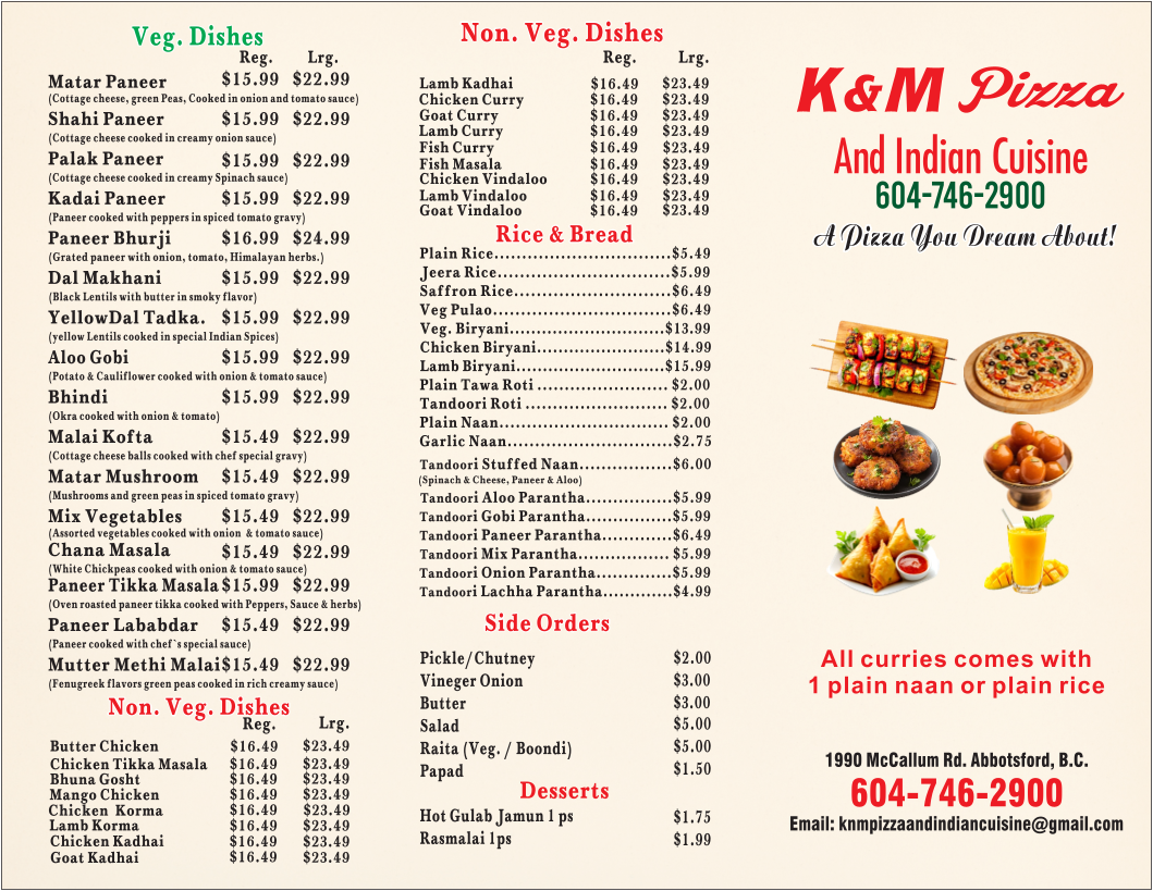 Menu, K&M Pizza and Indian Cuisine