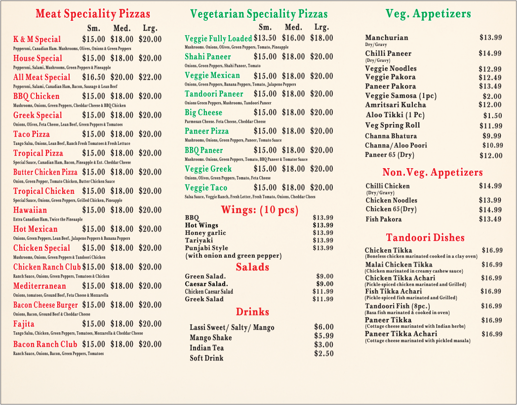 Menu, K&M Pizza and Indian Cuisine