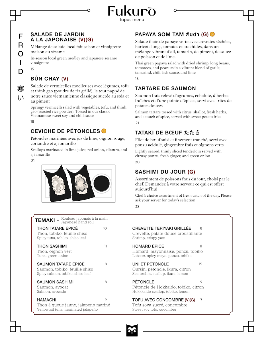 Menu, Fukurō: tapas + cocktails