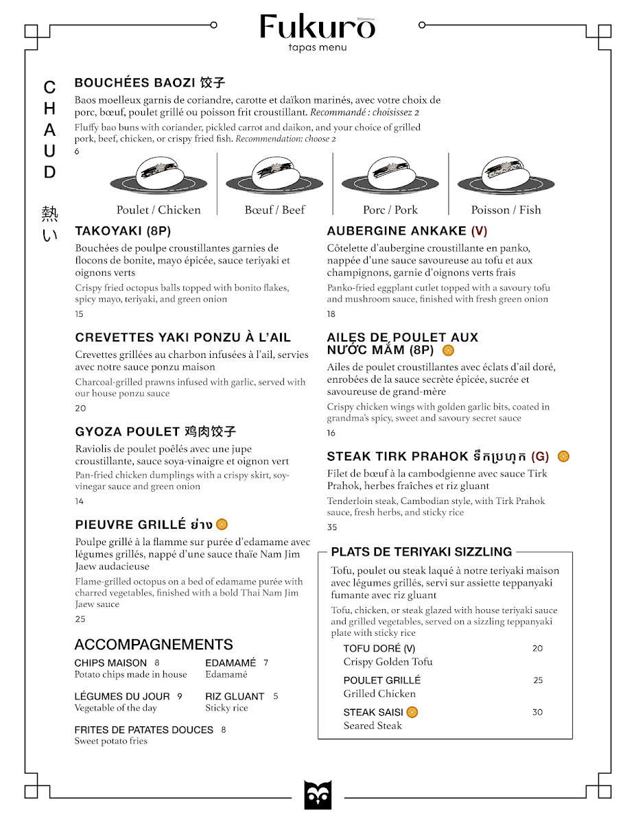 Menu, Fukurō: tapas + cocktails