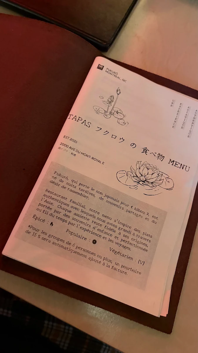 Menu, Fukurō: tapas + cocktails