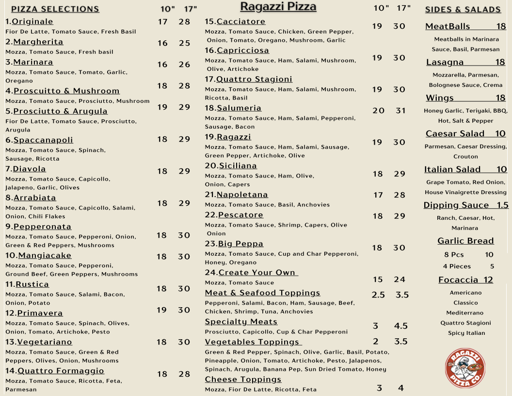 Menu, Ragazzi Pizza Co