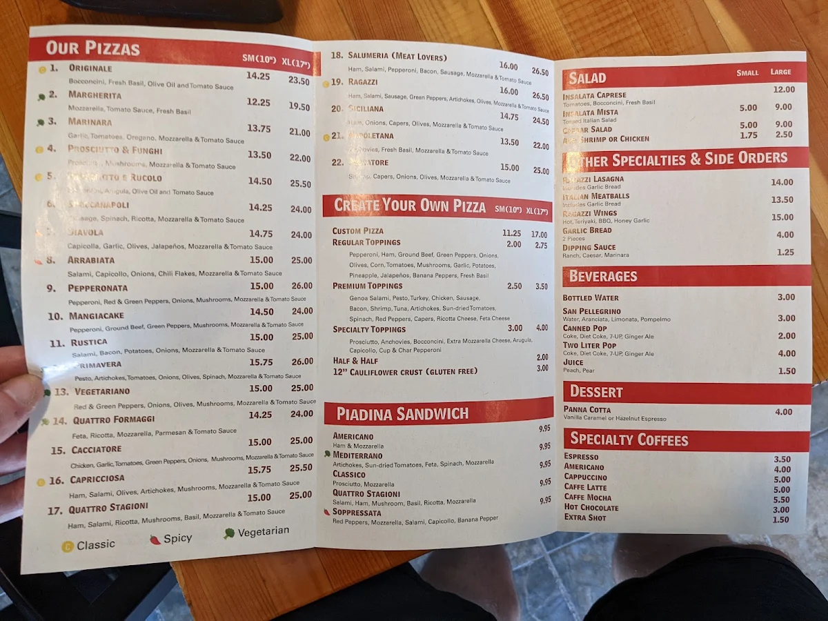 Menu, Ragazzi Pizza Co