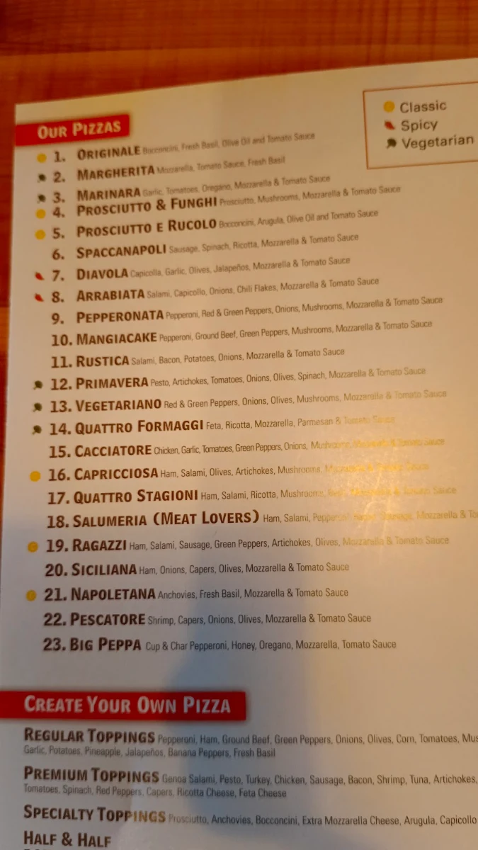 Menu, Ragazzi Pizza Co