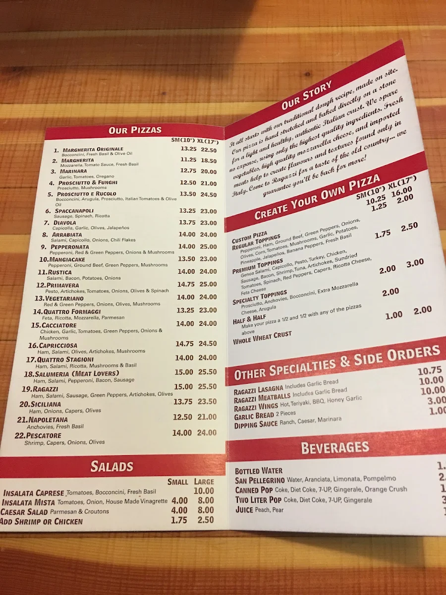 Menu, Ragazzi Pizza Co