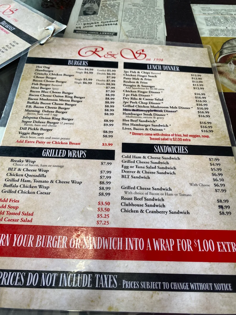 Menu, R & S Family Restaurant