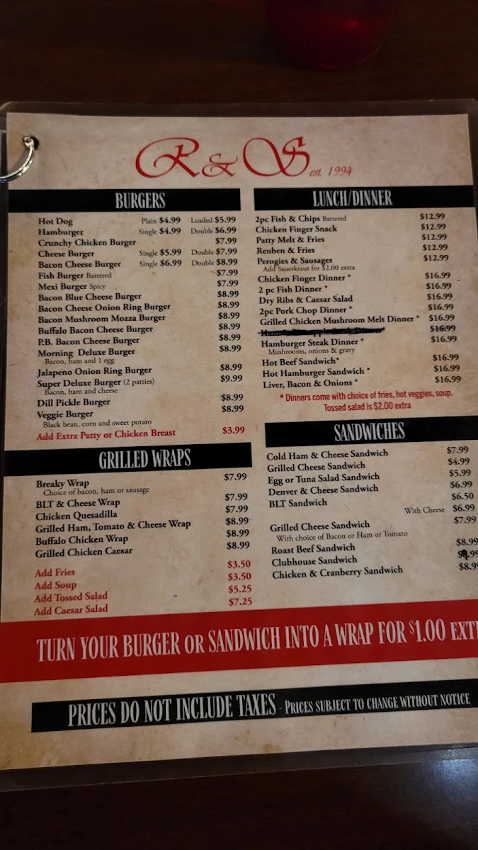 Menu, R & S Family Restaurant
