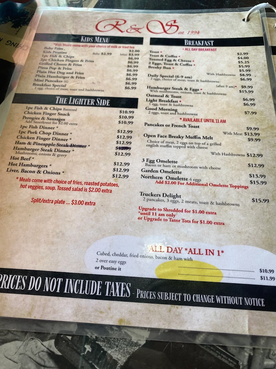 Menu, R & S Family Restaurant