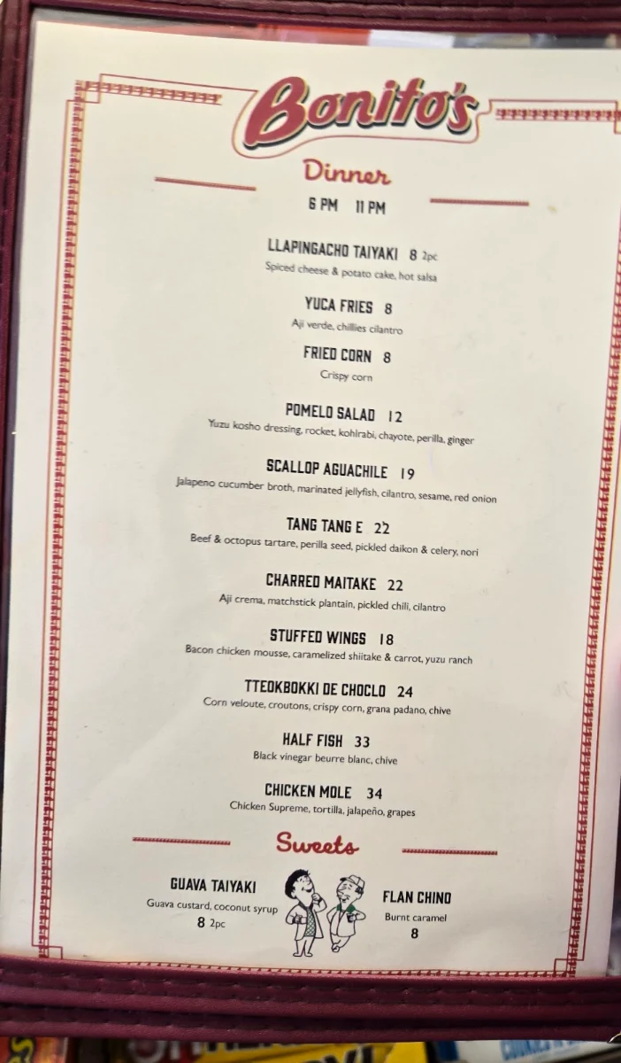 Menu, Bonito's