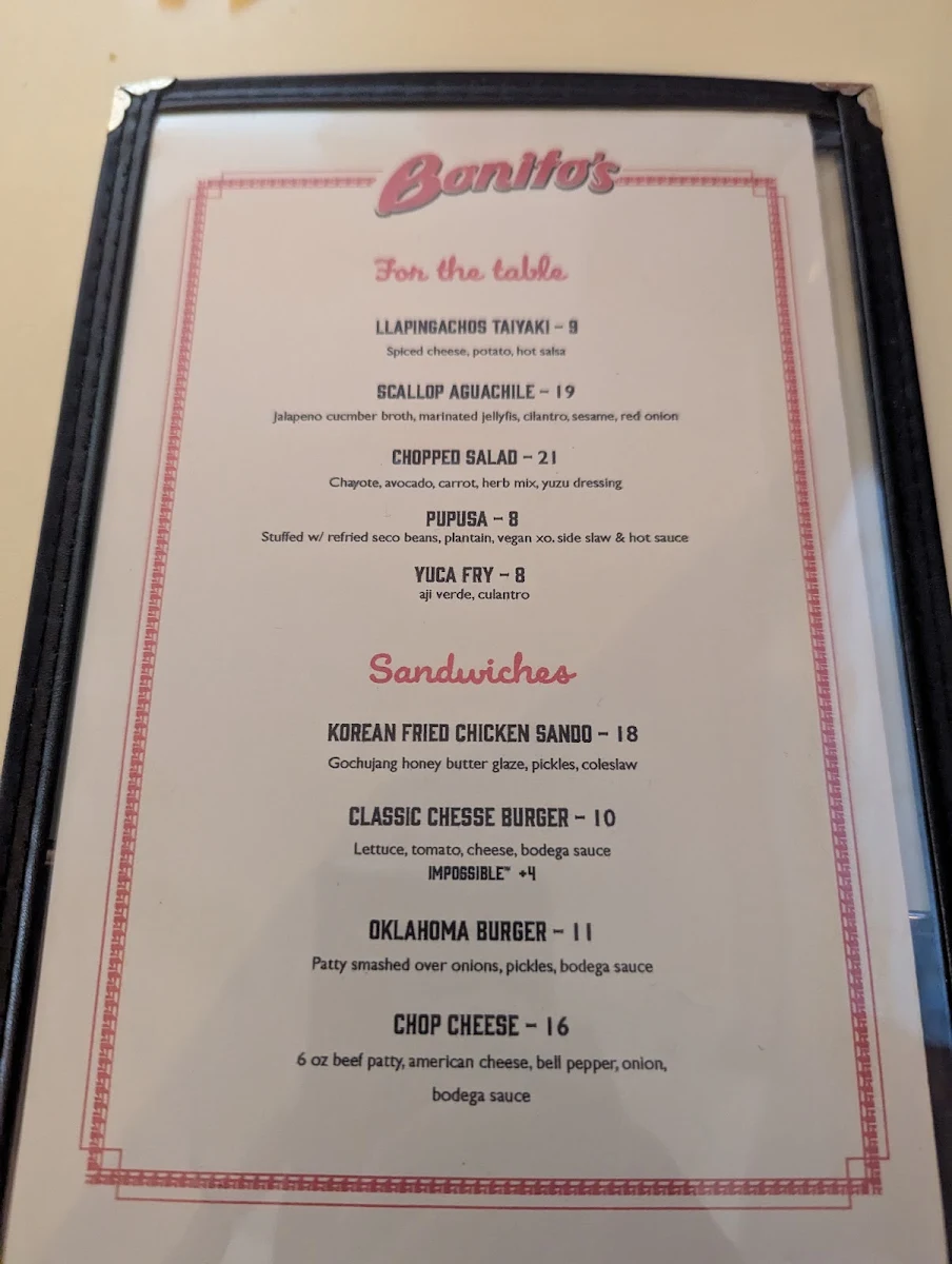 Menu, Bonito's