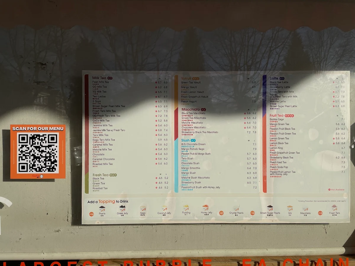 Menu, CoCo Bubble Tea (Kingsway)
