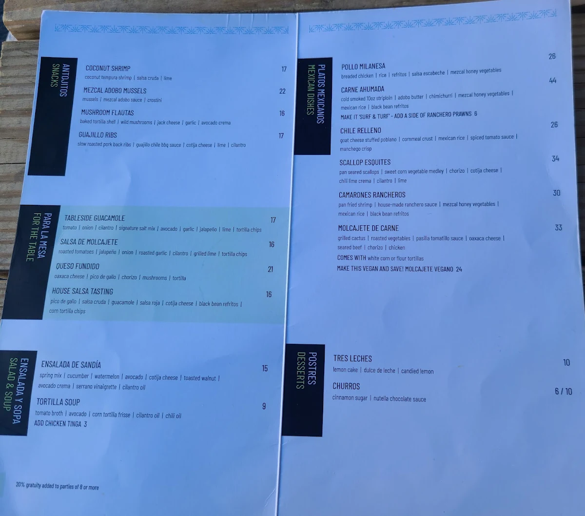Menu, Añejo Restaurant
