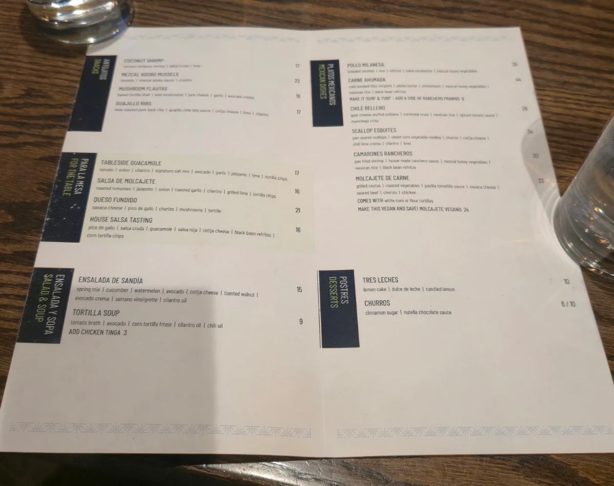 Menu, Añejo Restaurant
