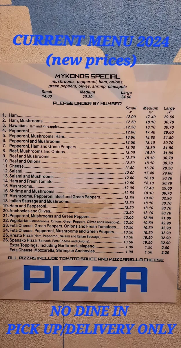 Menu, Mykonos Pizza & Spaghetti House