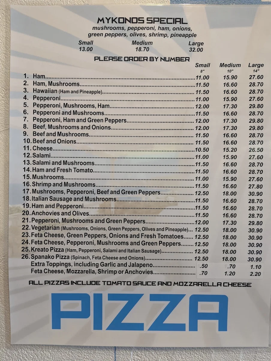 Menu, Mykonos Pizza & Spaghetti House