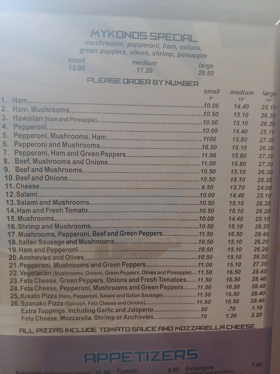 Menu, Mykonos Pizza & Spaghetti House