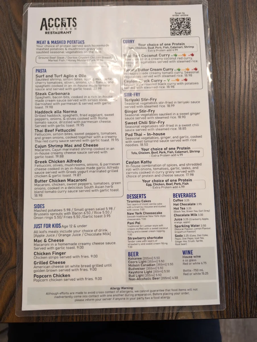 Menu, Accents Kitchen