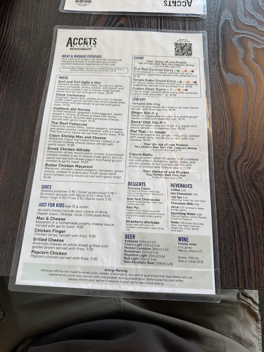 Menu, Accents Kitchen