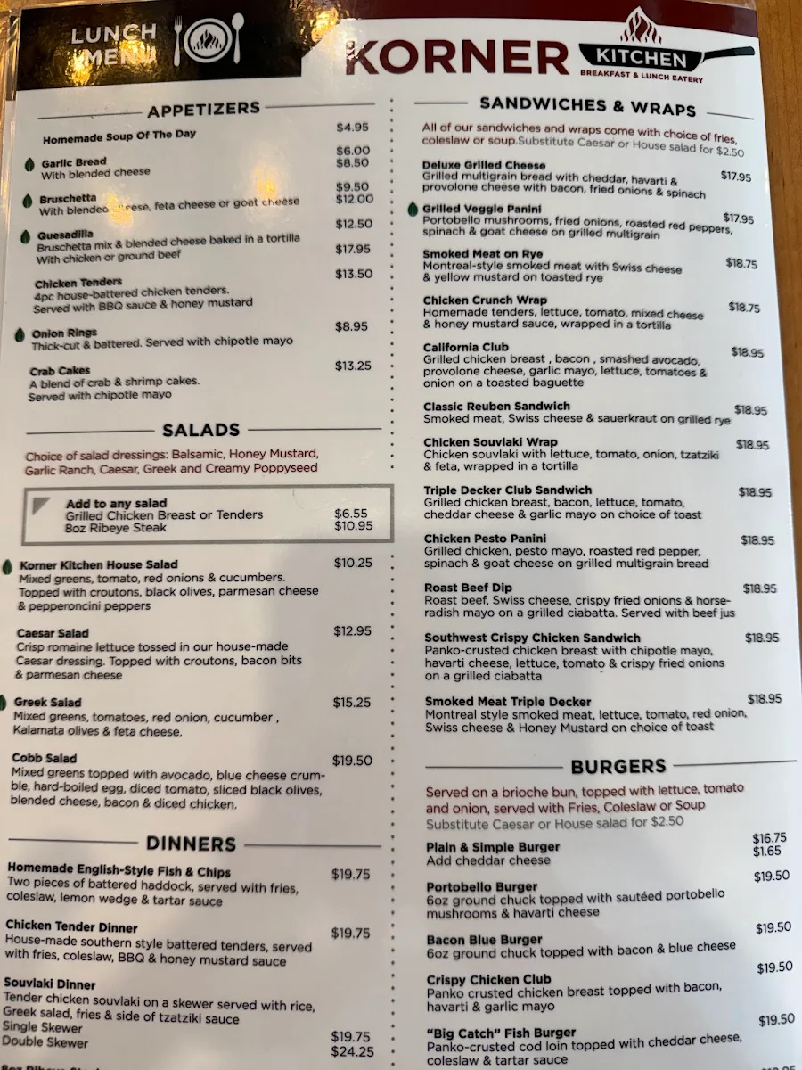 Menu, Korner Kitchen Breakfast and Lunch Eatery