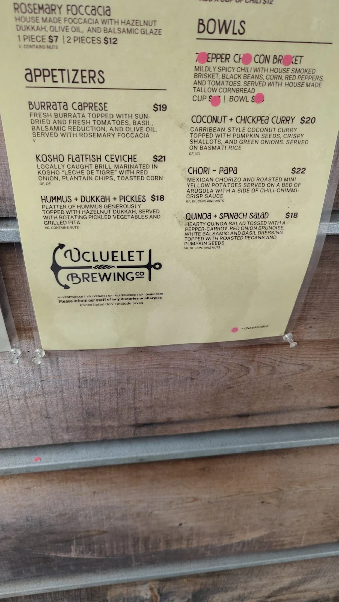 Menu, Ucluelet Brewing Company