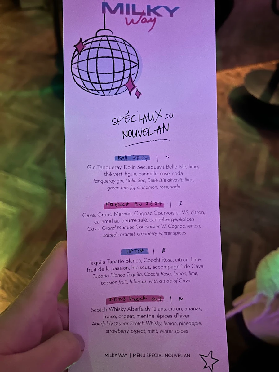 Menu, Milky Way Cocktail Bar