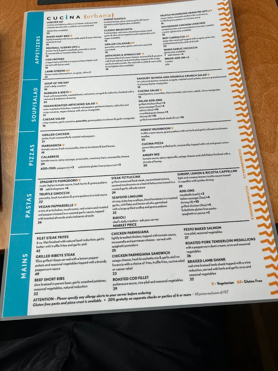 Menu, Cucina Urbana Italian Kitchen & Wine Bar