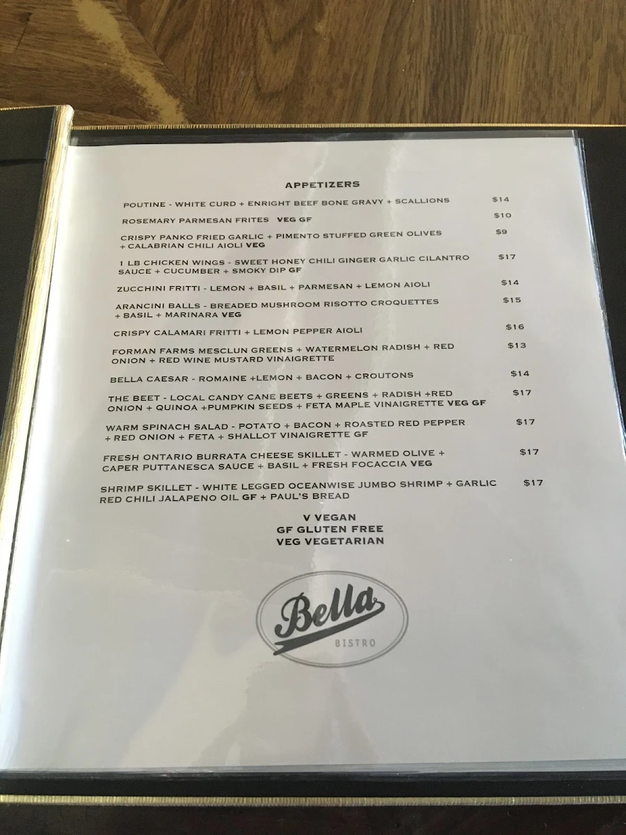 Menu, Bella Bistro