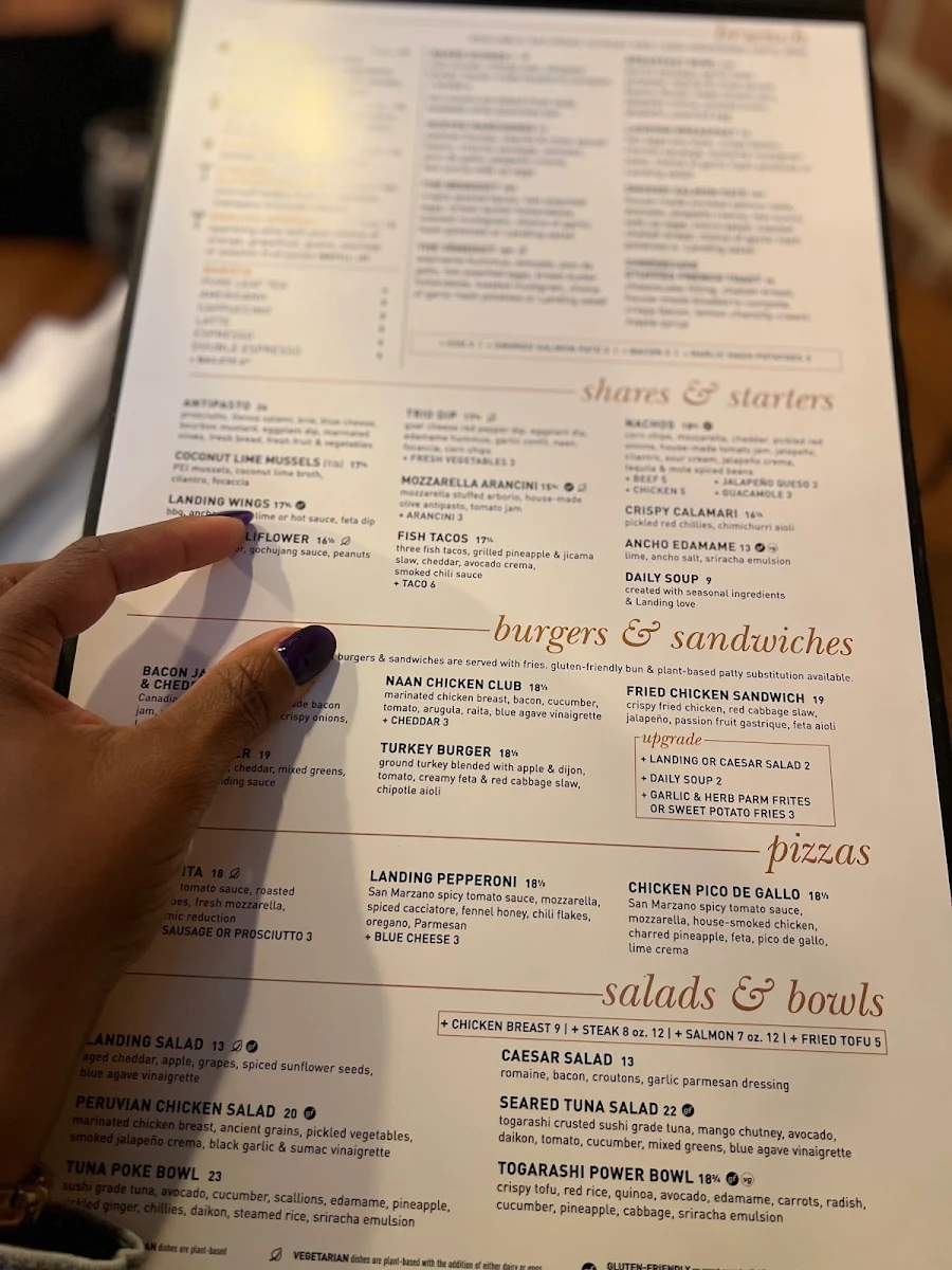 Menu, Hunters Landing