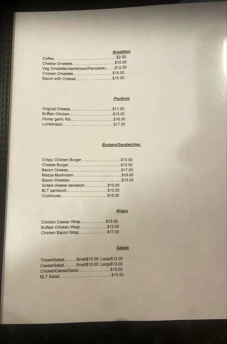 Menu, One Stop Inn Bar & Grill
