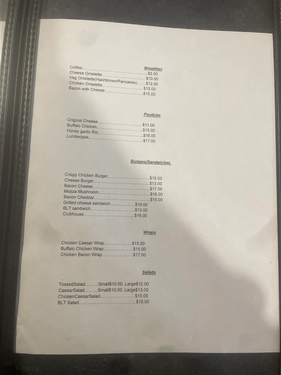 Menu, One Stop Inn Bar & Grill