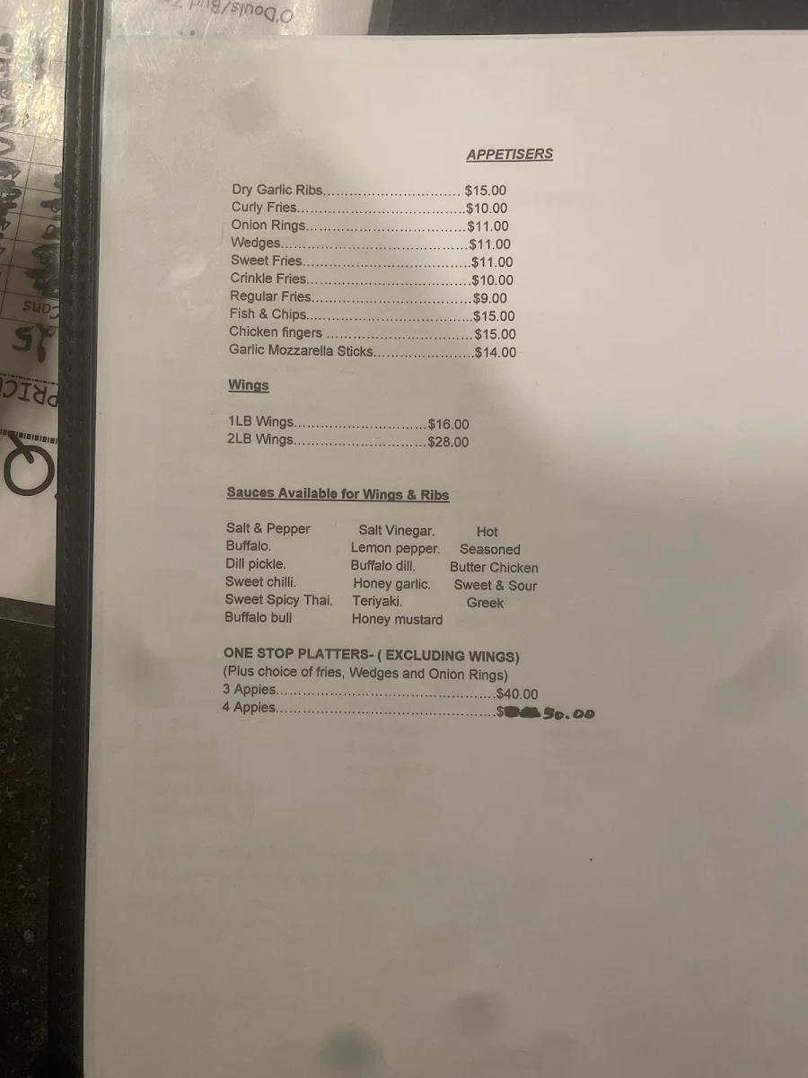 Menu, One Stop Inn Bar & Grill
