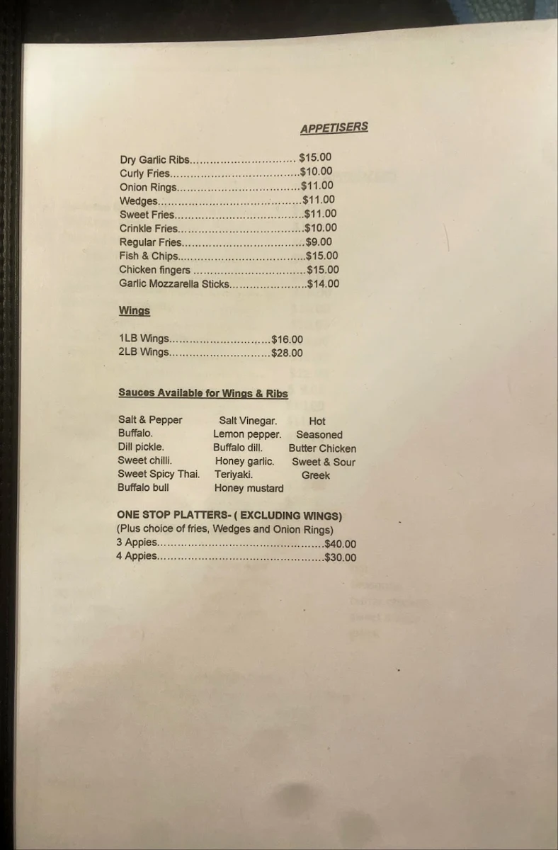 Menu, One Stop Inn Bar & Grill