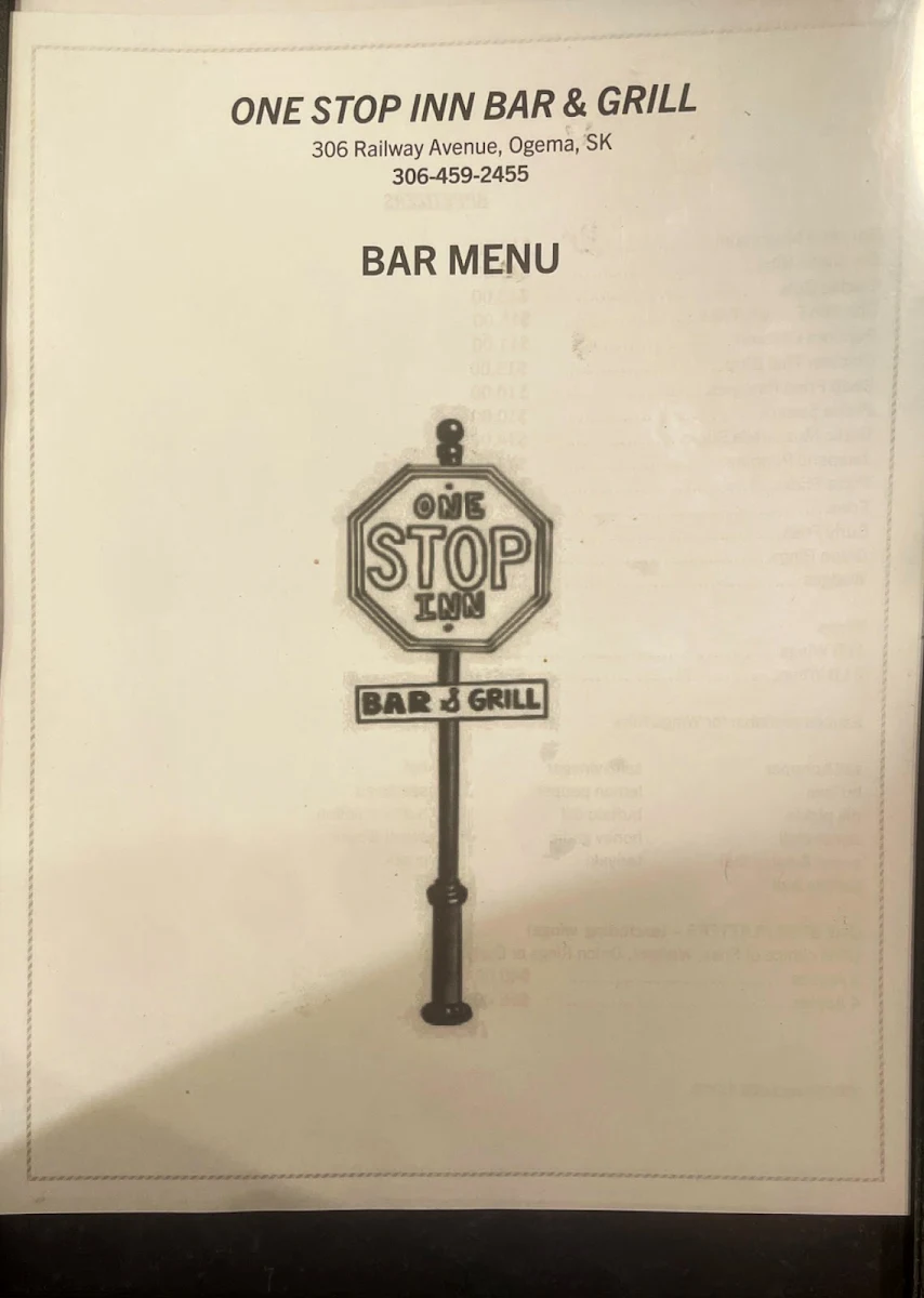 Menu, One Stop Inn Bar & Grill