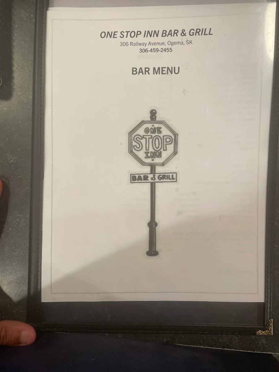 Menu, One Stop Inn Bar & Grill