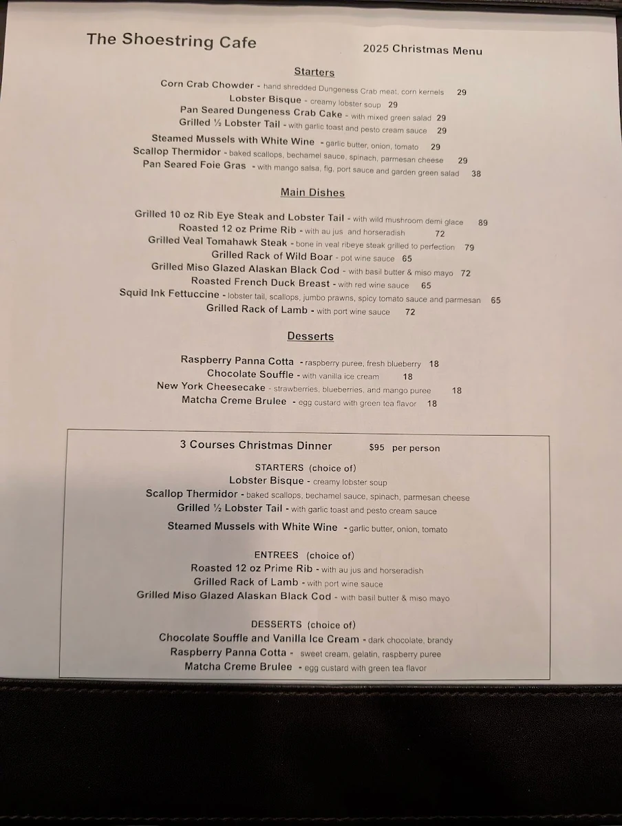 Menu, The Shoestring Cafe