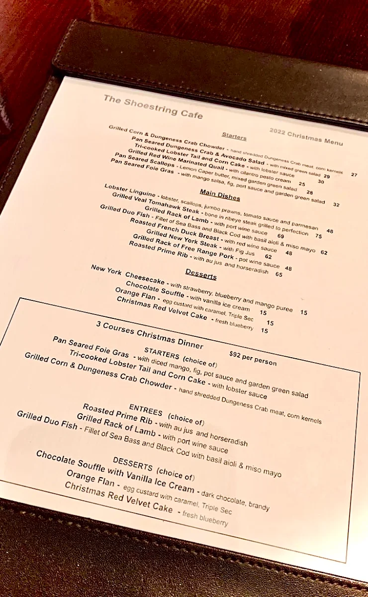 Menu, The Shoestring Cafe