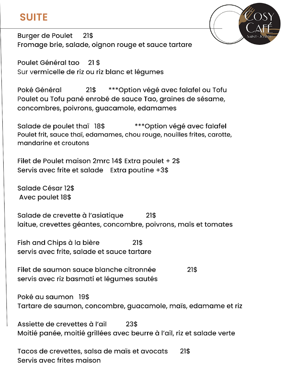 Menu, Cosy Café Saint-Joseph